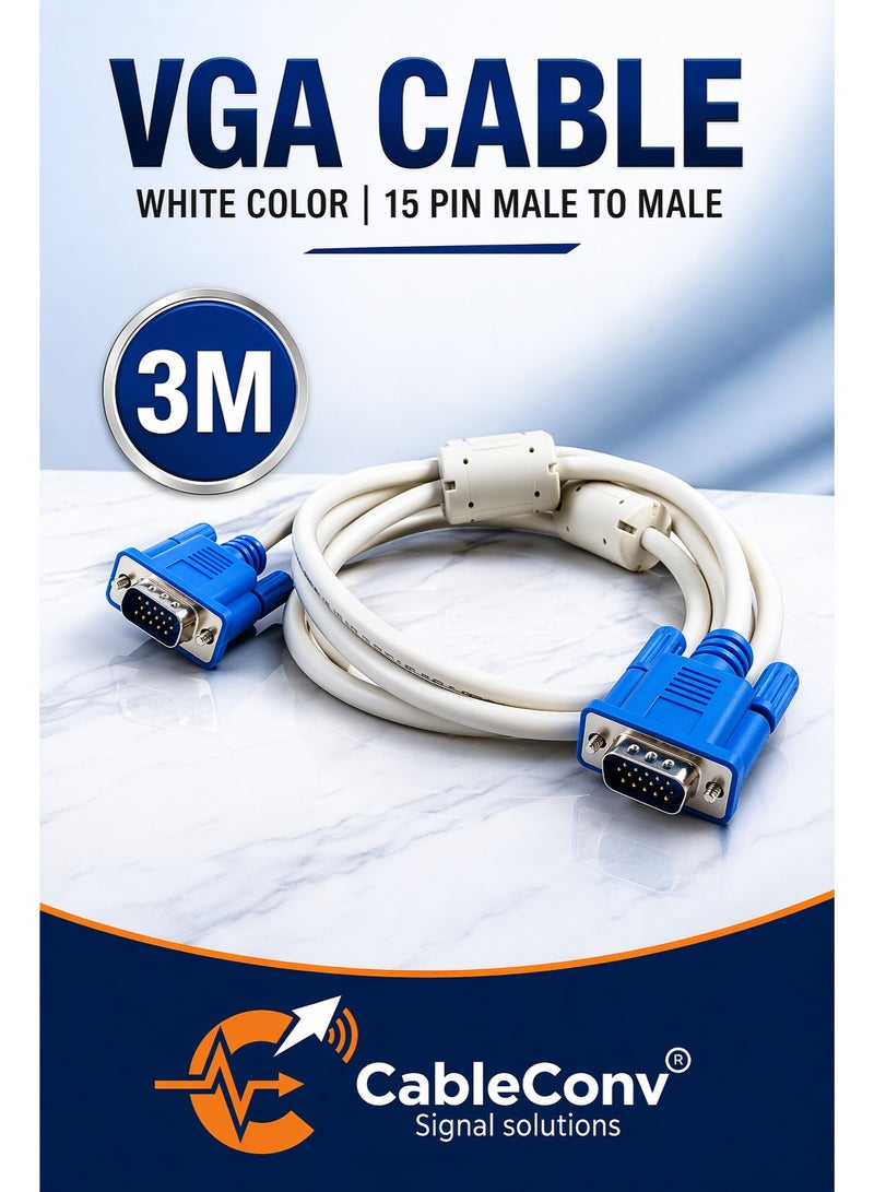 CABLE CONV VGA Cable 3 Meter White Color 15 Pin Male to Male – High-Resolution Monitor & PC Display Connector, Durable Video Cable - Image 1