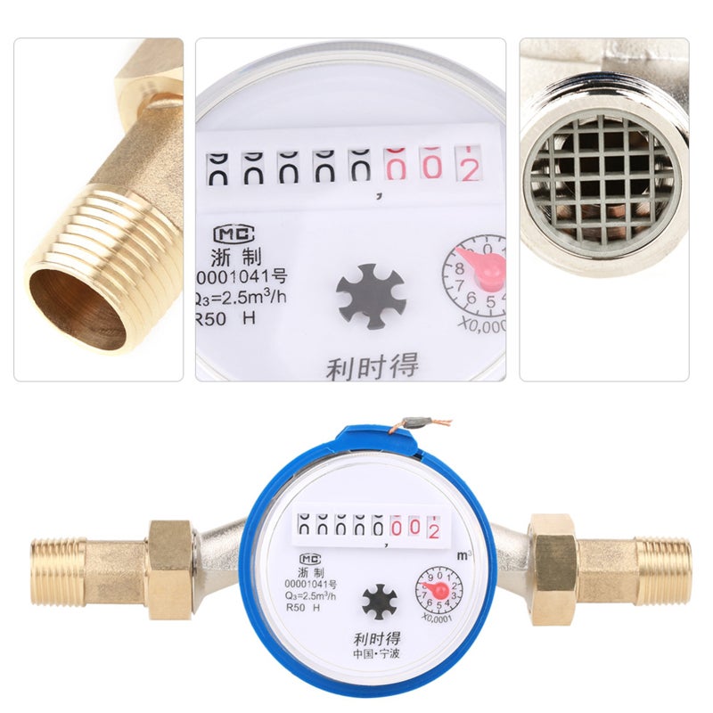 Compact Water Meter 15mm 1/2" Brass Cover Steel Bearing - Corrosion Resistant Dry Type with Filter Screen for Home Metering - Image 4