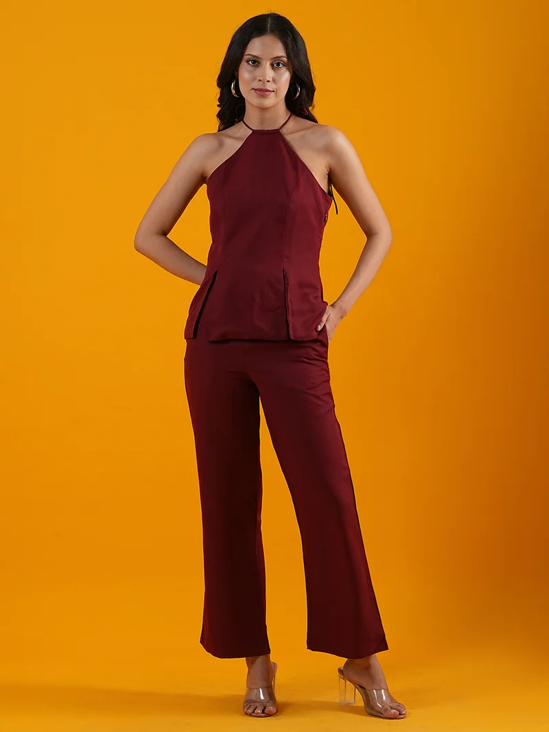 globus Women Halter Neck Front Slits Moss Casual Crepe Top With Trousers