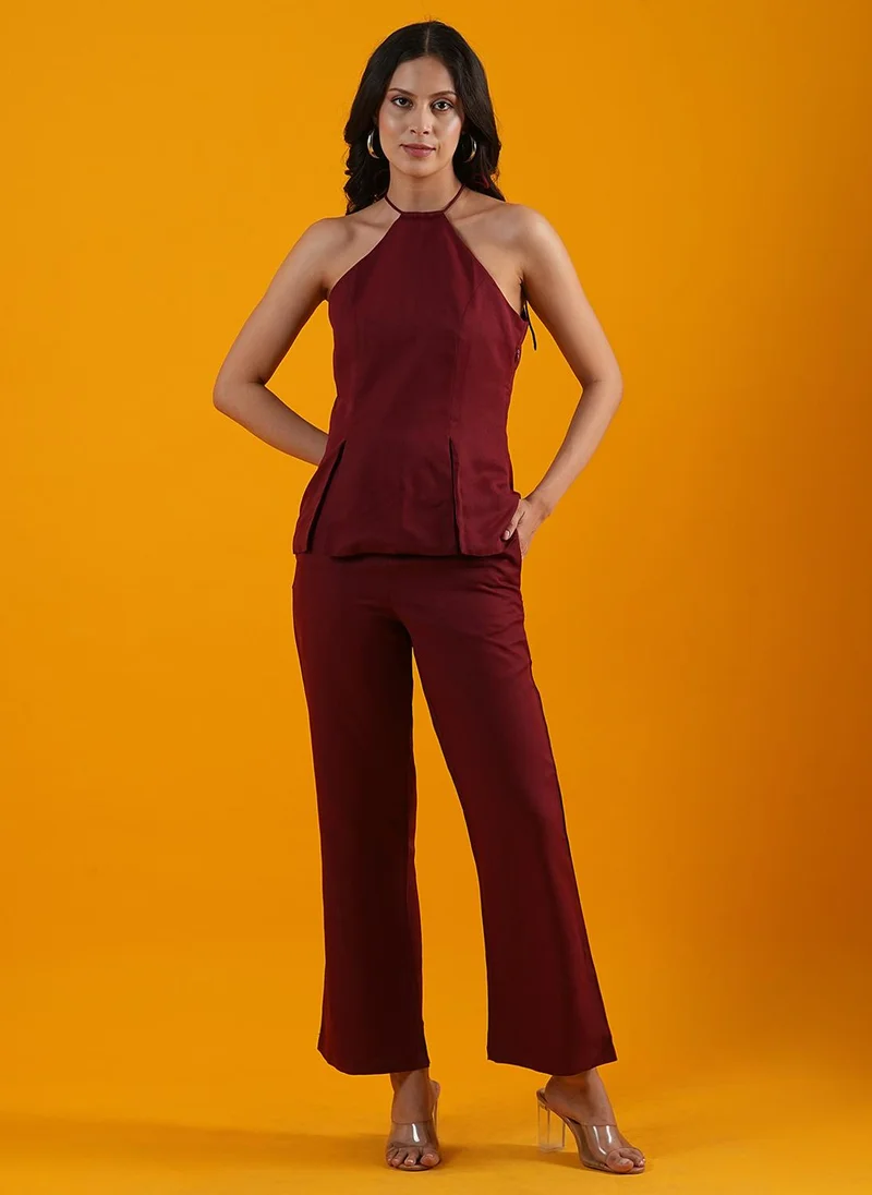 Globus Women Halter Neck Front Slits Moss Casual Crepe Top With Trousers