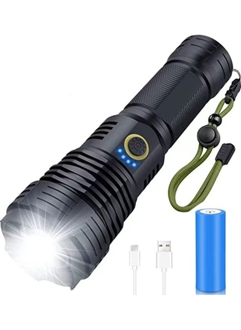 Rechargeable LED Torch High Lumen 90000 Lumen Super Bright Tactical Torch with 5 Light Modes and 26650 Battery Zoom Waterproof Torch with Zoom for Hiking Camping Ride or Emergency