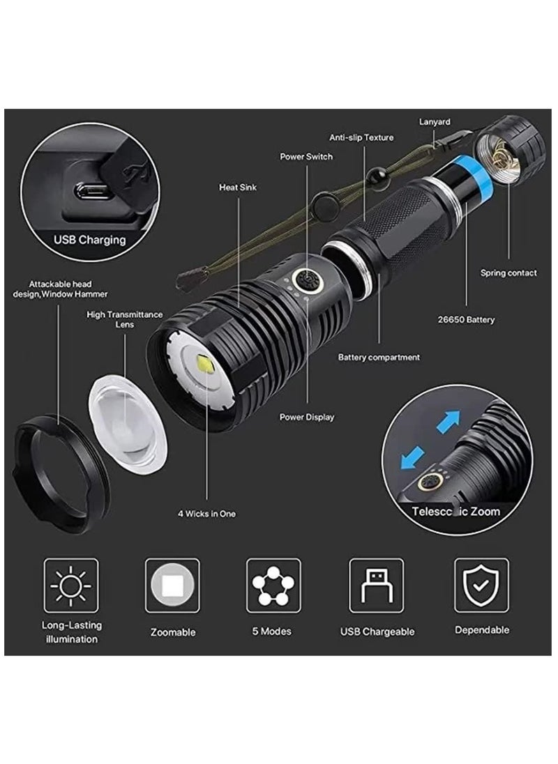 Cool Baby Style Rechargeable LED Torch High Lumen 90000 Lumen Super Bright Tactical Torch with 5 Light Modes and 26650 Battery Zoom Waterproof Torch with Zoom for Hiking Camping Ride or Emergency  - Image 2