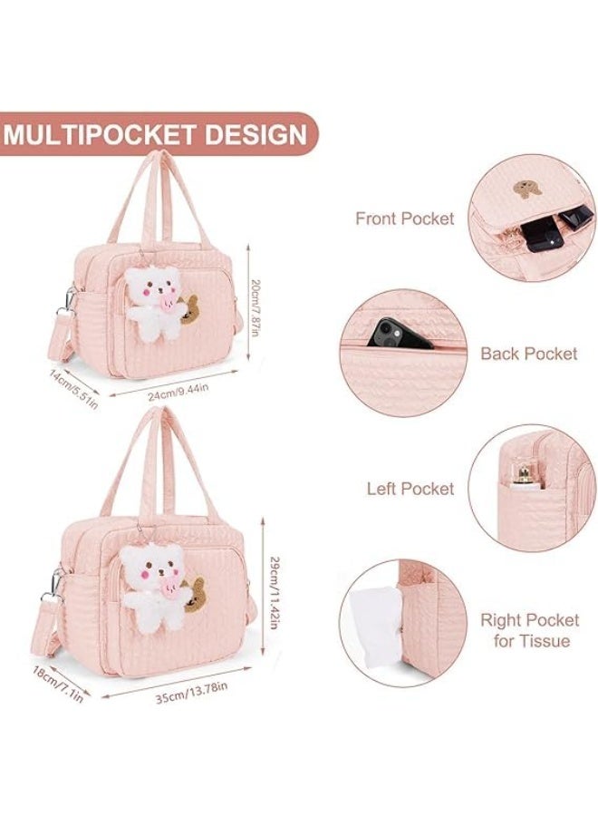 Diaper Bag Tote for Baby Girl Mommy Bag Quilted Cotton Baby Diaper Bag Travel Diaper Multifunction Maternity Bag Travel Storage Bag Diaper Tote Bag without Doll - Image 4