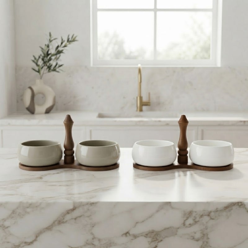 Round porcelain snack tray with 2 compartments and a wooden stand