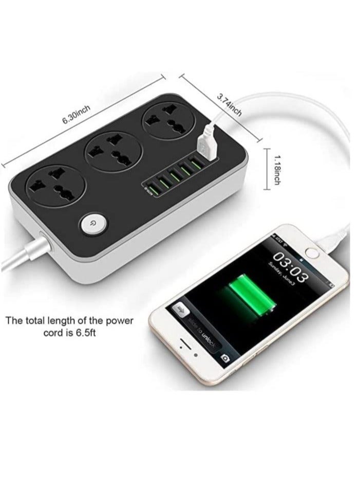 ELTRAZONE Power Strip with USB Ports Long Cord Universal Socket 3 Outlets Surge Protector 6 Quick USB (4A) Charging Station 3M Power Cord 2500W Circuit Breaker Child Safe Door (Black & Grey)  - Image 5