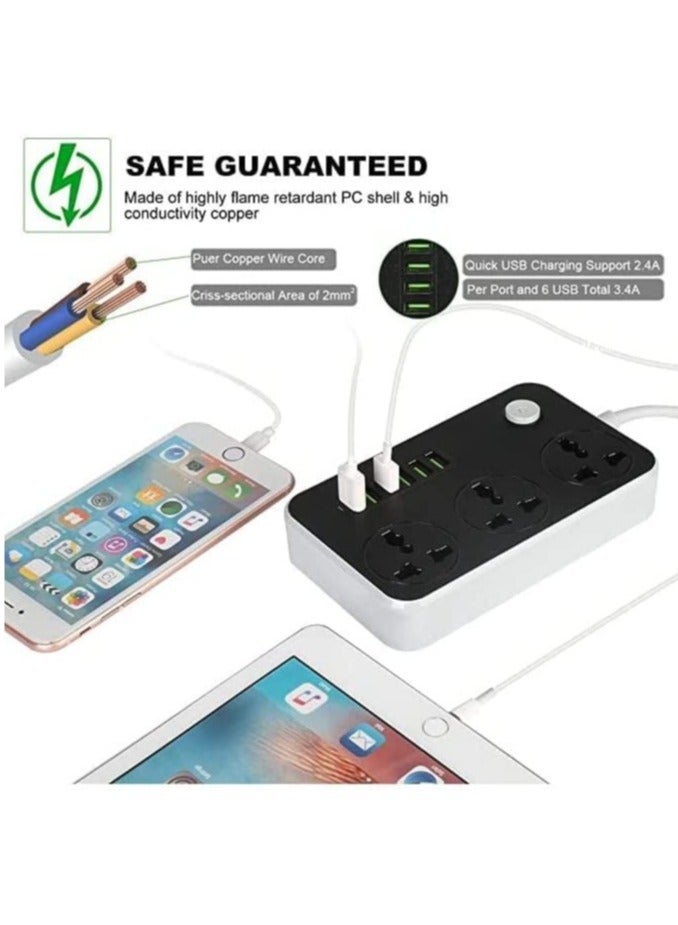 ELTRAZONE Power Strip with USB Ports Long Cord Universal Socket 3 Outlets Surge Protector 6 Quick USB (4A) Charging Station 3M Power Cord 2500W Circuit Breaker Child Safe Door (Black & Grey)  - Image 4