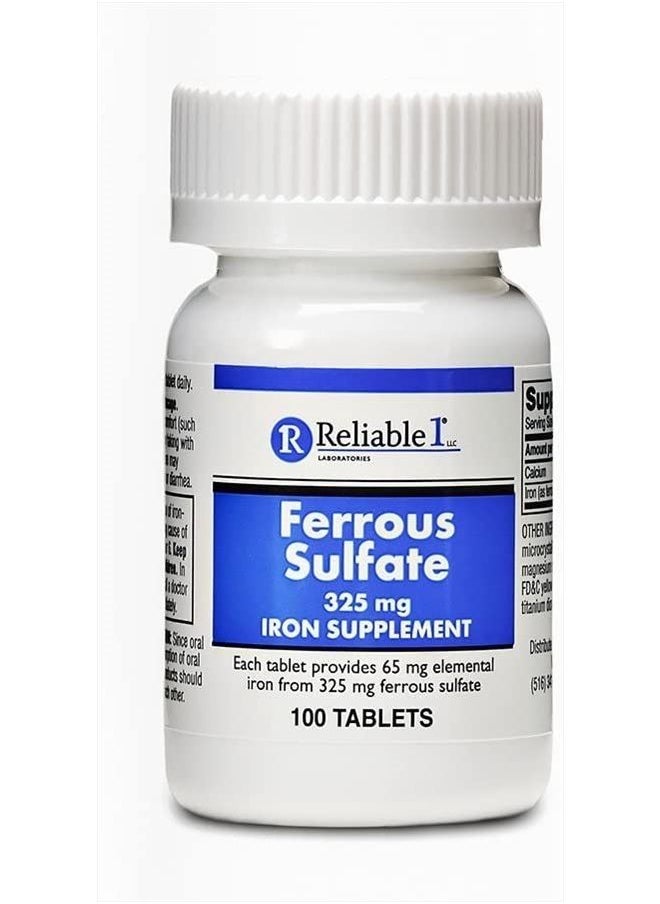 Reliable-1 Laboratories - Iron Supplement Ferrous Sulfate 325mg by Reliable 1 | Iron Pills for Women and Men | Iron Supplements for Anemia and Iron Deficiency | 100 Iron Tablets per Bottle - Image 1