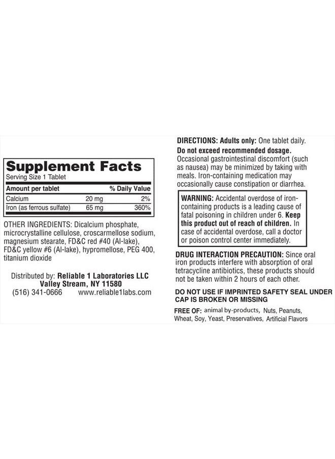Reliable-1 Laboratories - Iron Supplement Ferrous Sulfate 325mg by Reliable 1 | Iron Pills for Women and Men | Iron Supplements for Anemia and Iron Deficiency | 100 Iron Tablets per Bottle - Image 1