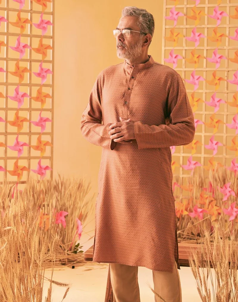Fabindia Orange Viscose Silk Slim Fit Long Kurta