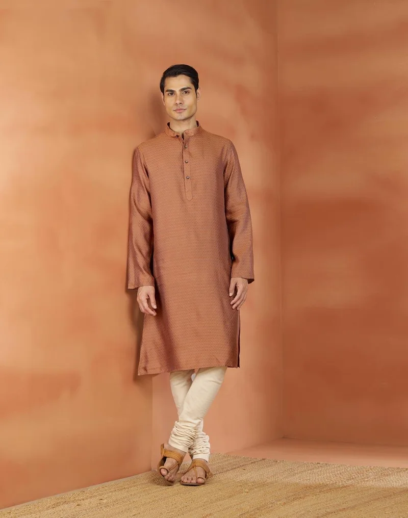 Fabindia Orange Viscose Silk Slim Fit Long Kurta