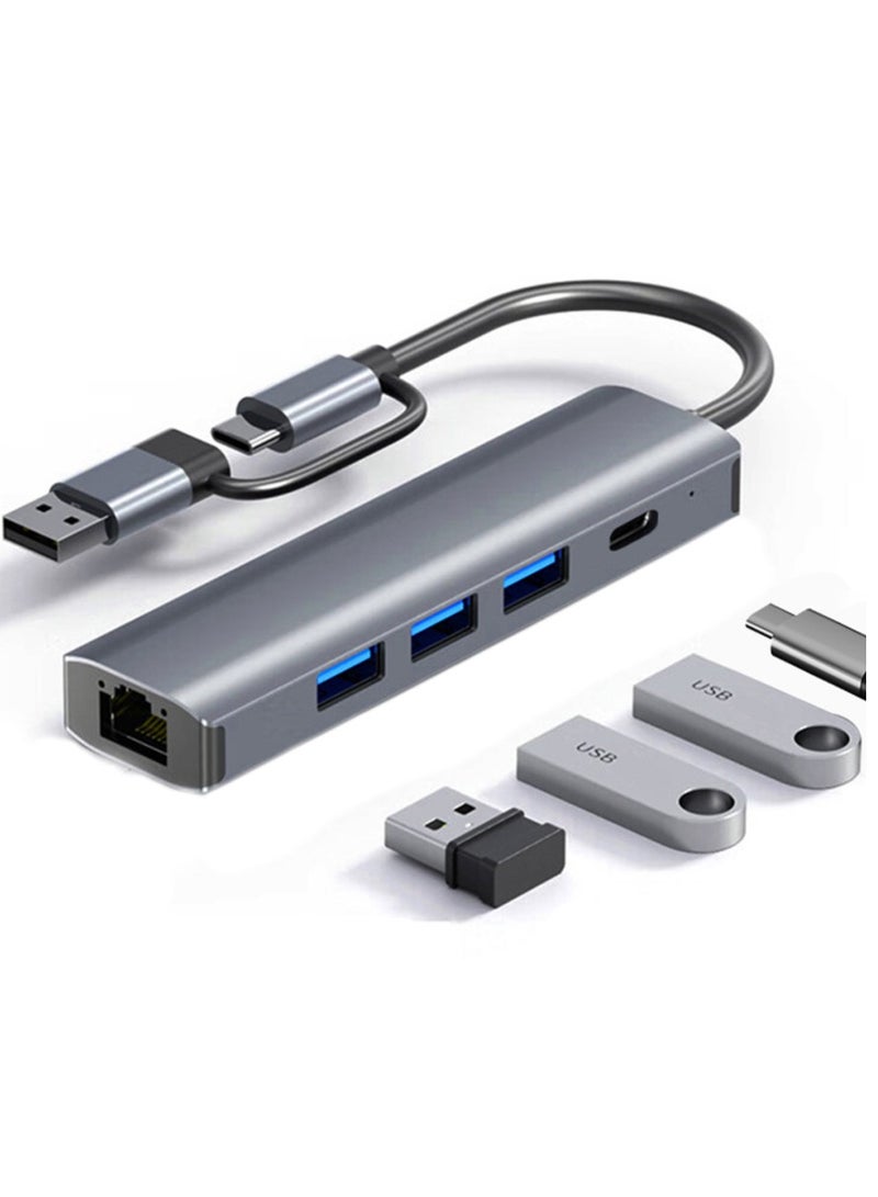USB to Ethernet Adapter, 5 in 2 USB Hub with Ethernet, Plug and Play, Multiport Network Adapter with 3 USB 3.0 Port, Gigabit RJ45, USB-C Power Port Compatible for Laptop MacBook XPS Windows 11  - Image 1