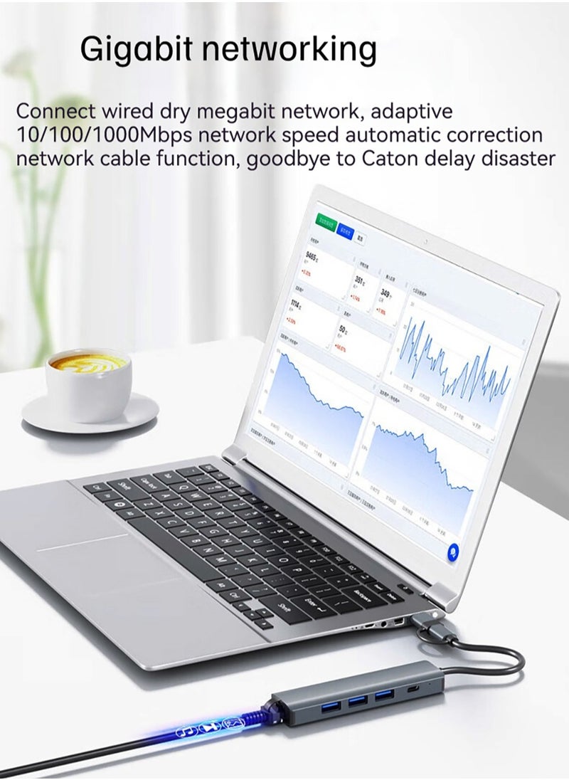 Generic - USB to Ethernet Adapter, 5 in 2 USB Hub with Ethernet, Plug and Play, Multiport Network Adapter with 3 USB 3.0 Port, Gigabit RJ45, USB-C Power Port Compatible for Laptop MacBook XPS Windows 11 - Image 1