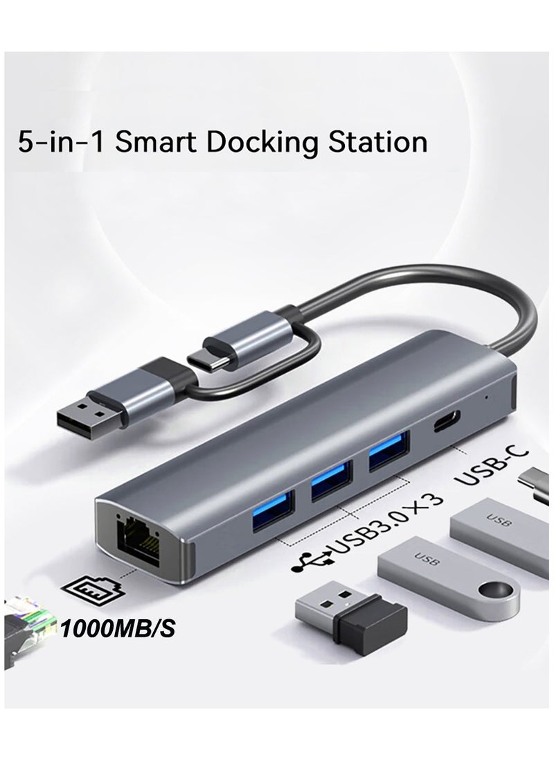 Generic - USB to Ethernet Adapter, 5 in 2 USB Hub with Ethernet, Plug and Play, Multiport Network Adapter with 3 USB 3.0 Port, Gigabit RJ45, USB-C Power Port Compatible for Laptop MacBook XPS Windows 11 - Image 1