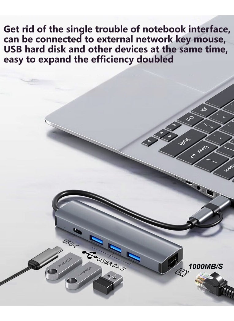 Generic - USB to Ethernet Adapter, 5 in 2 USB Hub with Ethernet, Plug and Play, Multiport Network Adapter with 3 USB 3.0 Port, Gigabit RJ45, USB-C Power Port Compatible for Laptop MacBook XPS Windows 11 - Image 1