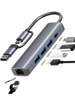 USB to Ethernet Adapter, 5 in 2 USB Hub with Ethernet, Plug and Play, Multiport Network Adapter with 3 USB 3.0 Port, Gigabit RJ45, USB-C Power Port Compatible for Laptop MacBook XPS Windows 11