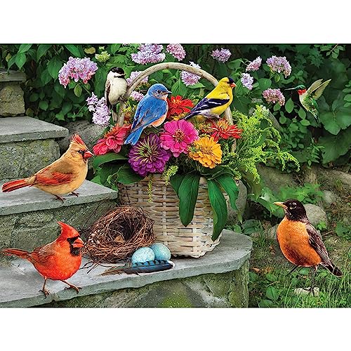 Bits and Pieces Large 500 Piece Jigsaw Puzzle for Adults Birds On The Porch Steps Flowers Jigsaw Puzzle by Greg Giordano Completed Puzzle Size 18 x 24 - Image 1