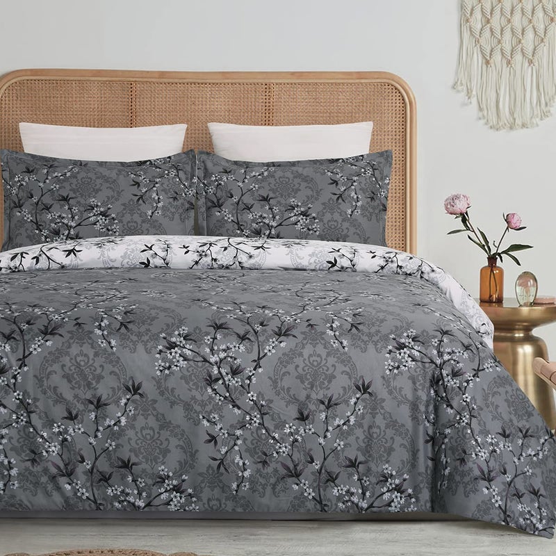 YEPINS Soft Bedding Duvet Cover Set with Zipper Closure and Corner Ties, Branch Floral and Paisley Printed Pattern, Reversible Design, Grey and White- Brushed Microfiber Queen Size - Image 1