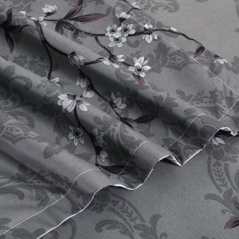 YEPINS Soft Bedding Duvet Cover Set with Zipper Closure and Corner Ties, Branch Floral and Paisley Printed Pattern, Reversible Design, Grey and White- Brushed Microfiber Queen Size - Image 5