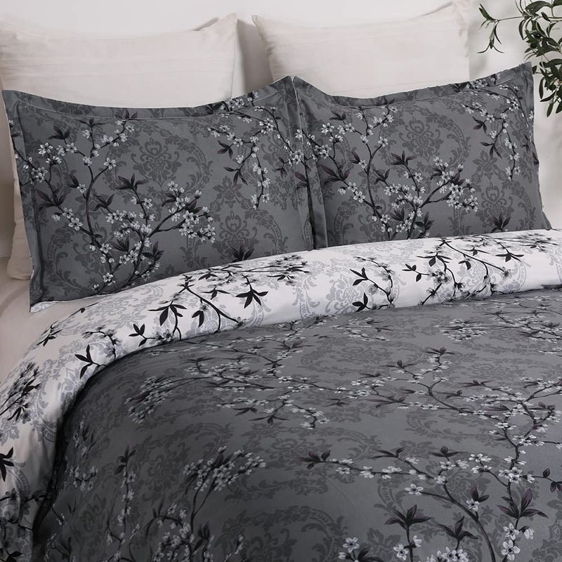 YEPINS Soft Bedding Duvet Cover Set with Zipper Closure and Corner Ties, Branch Floral and Paisley Printed Pattern, Reversible Design, Grey and White- Brushed Microfiber Queen Size - Image 2