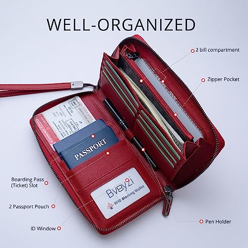 Bveyzi Travel Document Organizer RFID Blocking Leather Multiple Passport Wallet Family Holder Id Wrist StrapWine Red - Image 3