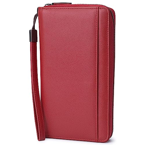 Bveyzi Travel Document Organizer RFID Blocking Leather Multiple Passport Wallet Family Holder Id Wrist StrapWine Red - Image 1