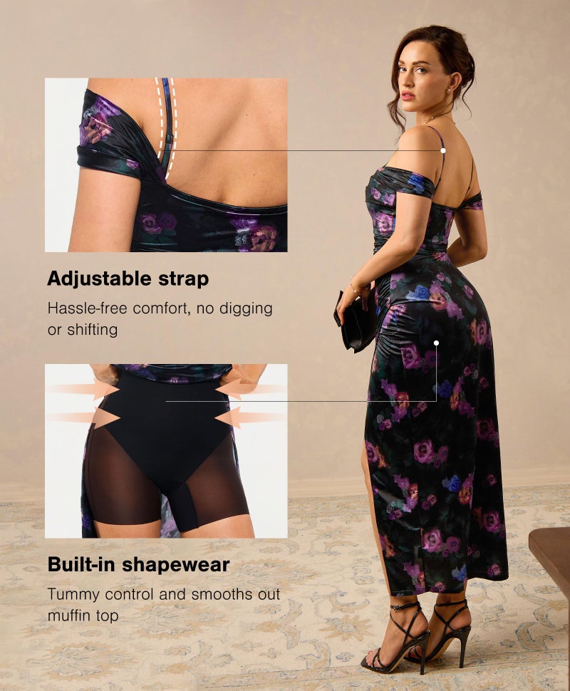 Popilush Cocktail Dresses for Women Floral Shapewear Off the Shoulder Formal Wedding Guest Maxi Dresses - Image 3