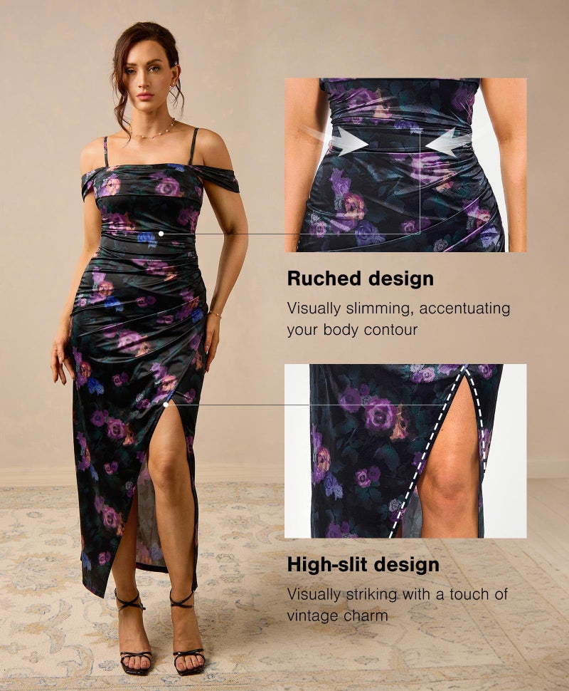 Popilush Cocktail Dresses for Women Floral Shapewear Off the Shoulder Formal Wedding Guest Maxi Dresses - Image 2