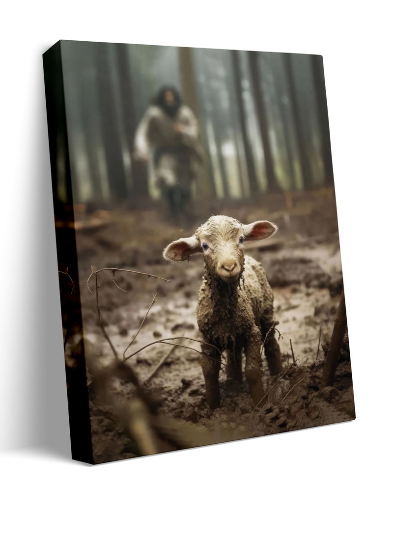SYOSI Lamb Canvas Wall Art, (12x16 inch) Jesus Chasing Lost Lamb Picture Canvas Print of Lamb Home Decor Lamb Canvas Print Decorative Lamb Canvas Art Lamb Landscape Wall Art Canvas for Home Sea Lake Bedroom  - Image 1