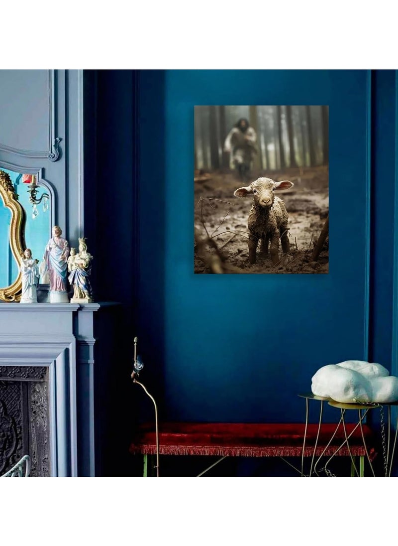 SYOSI Lamb Canvas Wall Art, (12x16 inch) Jesus Chasing Lost Lamb Picture Canvas Print of Lamb Home Decor Lamb Canvas Print Decorative Lamb Canvas Art Lamb Landscape Wall Art Canvas for Home Sea Lake Bedroom  - Image 4