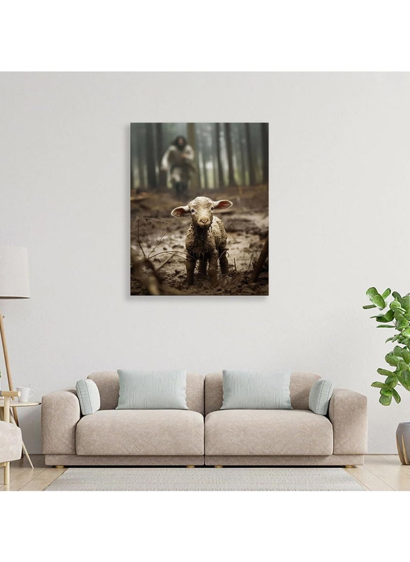 SYOSI Lamb Canvas Wall Art, (12x16 inch) Jesus Chasing Lost Lamb Picture Canvas Print of Lamb Home Decor Lamb Canvas Print Decorative Lamb Canvas Art Lamb Landscape Wall Art Canvas for Home Sea Lake Bedroom  - Image 5
