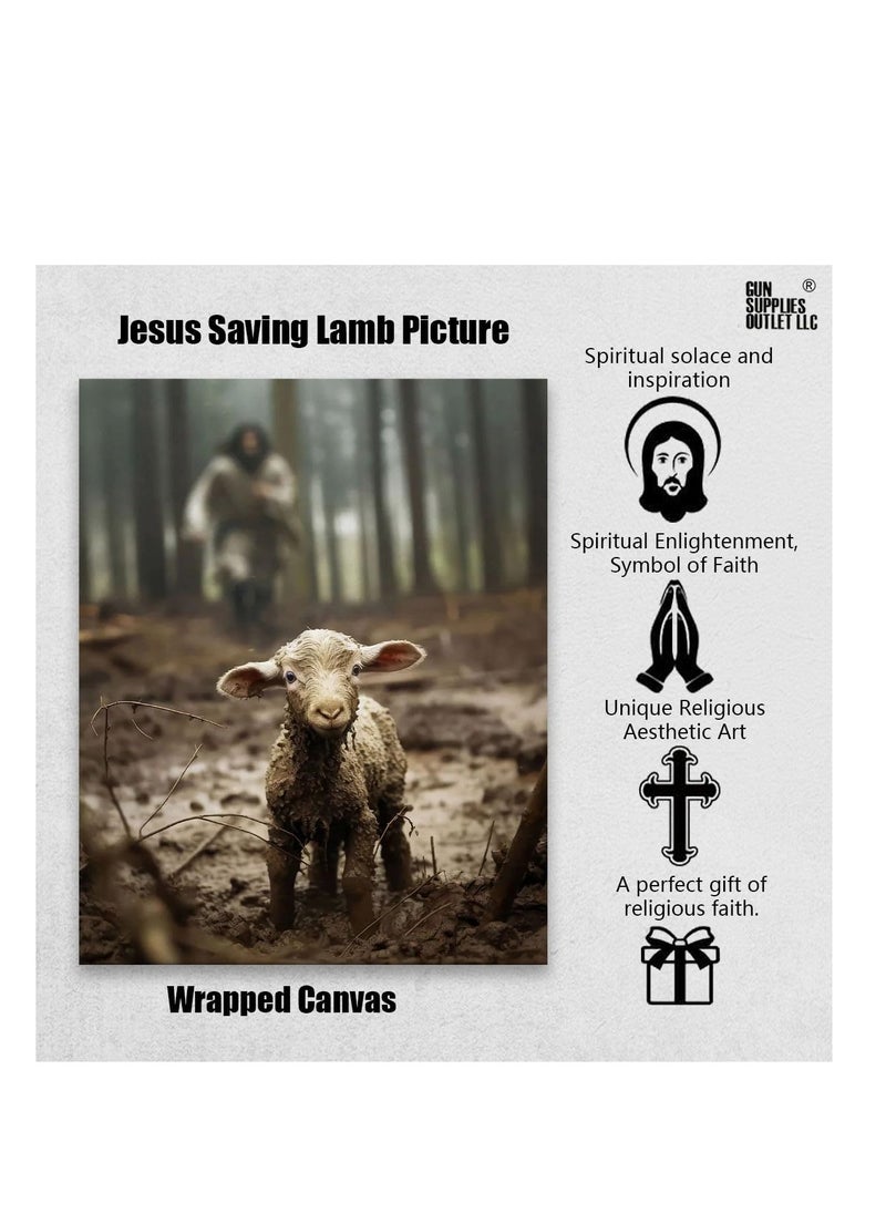 SYOSI Lamb Canvas Wall Art, (12x16 inch) Jesus Chasing Lost Lamb Picture Canvas Print of Lamb Home Decor Lamb Canvas Print Decorative Lamb Canvas Art Lamb Landscape Wall Art Canvas for Home Sea Lake Bedroom  - Image 2