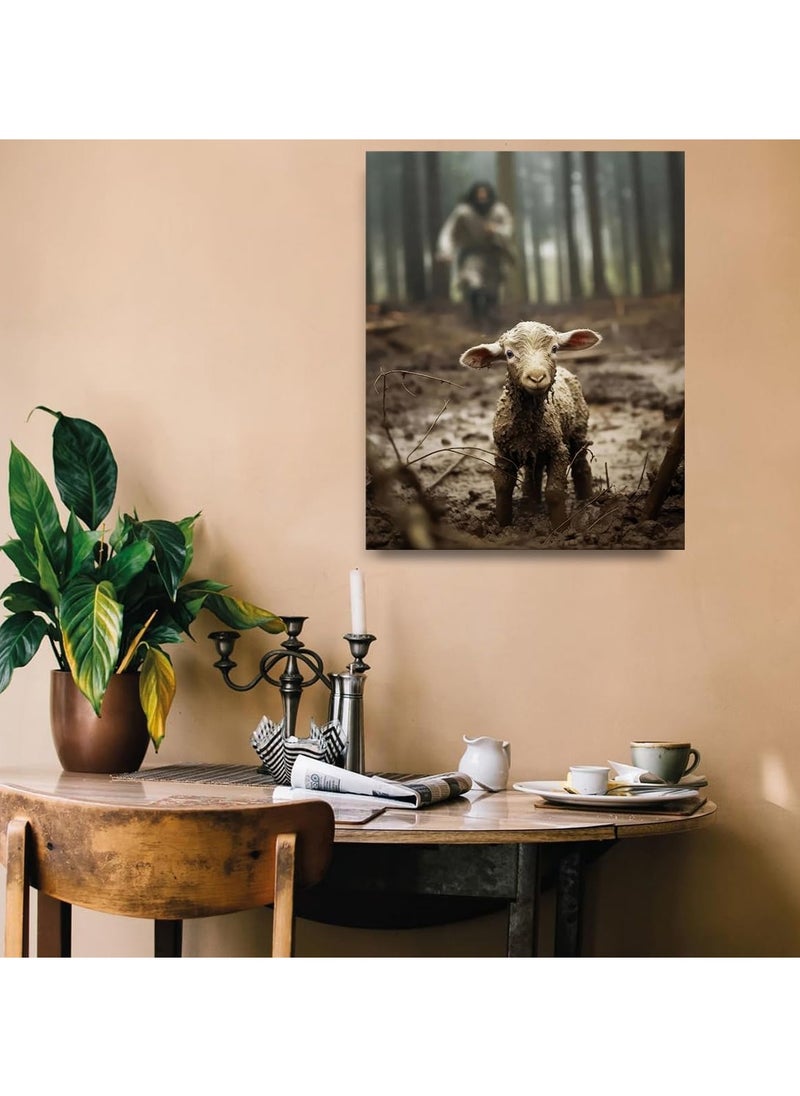 SYOSI Lamb Canvas Wall Art, (12x16 inch) Jesus Chasing Lost Lamb Picture Canvas Print of Lamb Home Decor Lamb Canvas Print Decorative Lamb Canvas Art Lamb Landscape Wall Art Canvas for Home Sea Lake Bedroom  - Image 3