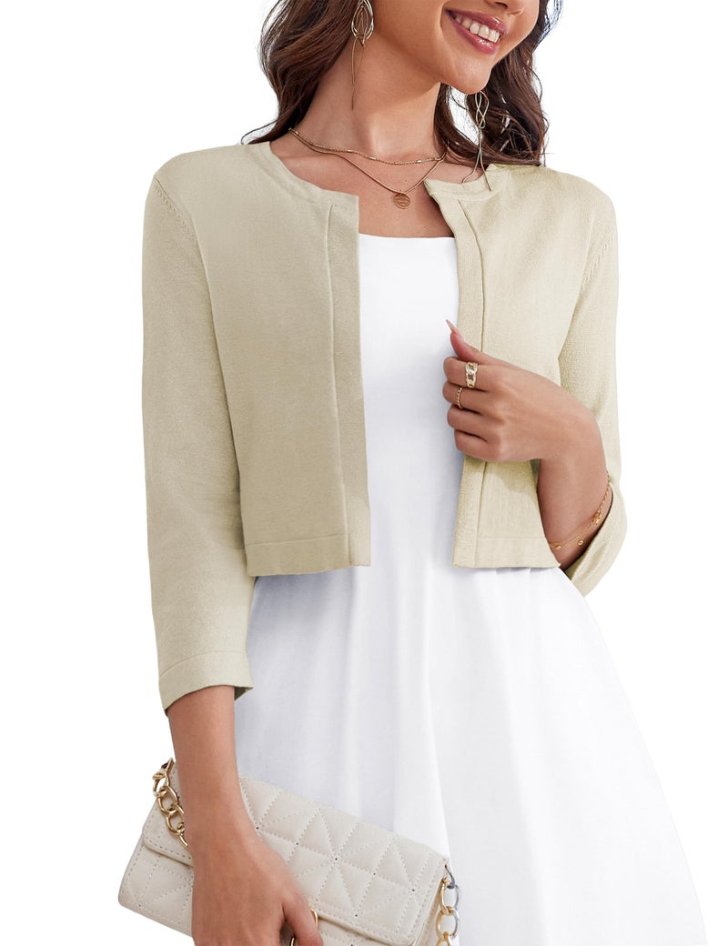 OmicGot Women's 3/4 Sleeve Open Front Knit Cropped Bolero Shrug Cardigan Sweater Camel M - Image 1