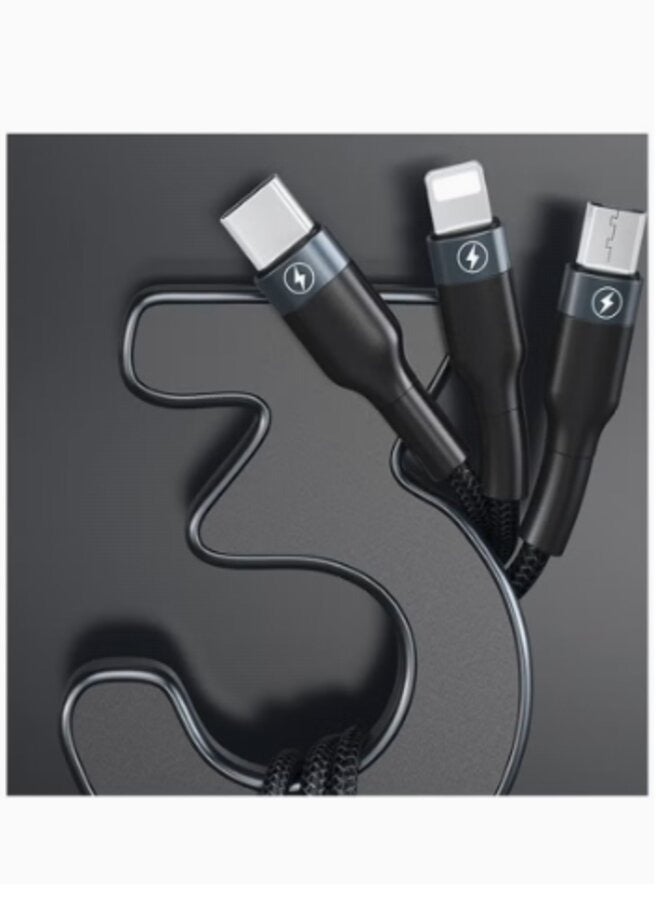 PROMASS Original Charging and Data Transfer Cable Covered With Nylon 3 in 1 Compatible With all Devices iPhone Huawei Samsung Xiaomi Black Color - Image 3