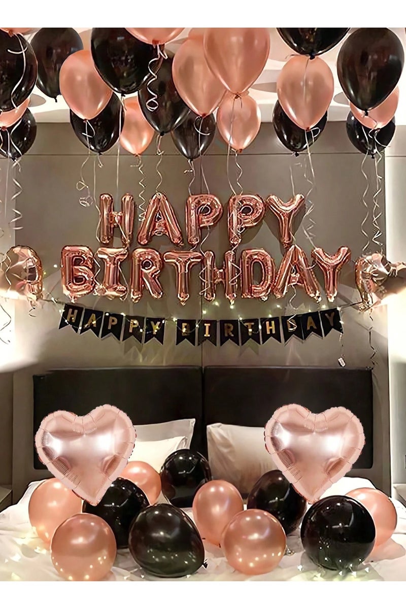 Birthday Decoration Balloon Set – 43-piece set includes pink and black latex balloons, a birthday banner, heart-shaped balloons, and letter balloons spelling “Happy Birthday” – a complete and elegant decoration kit perfect for birthday celebrations. - Image 1