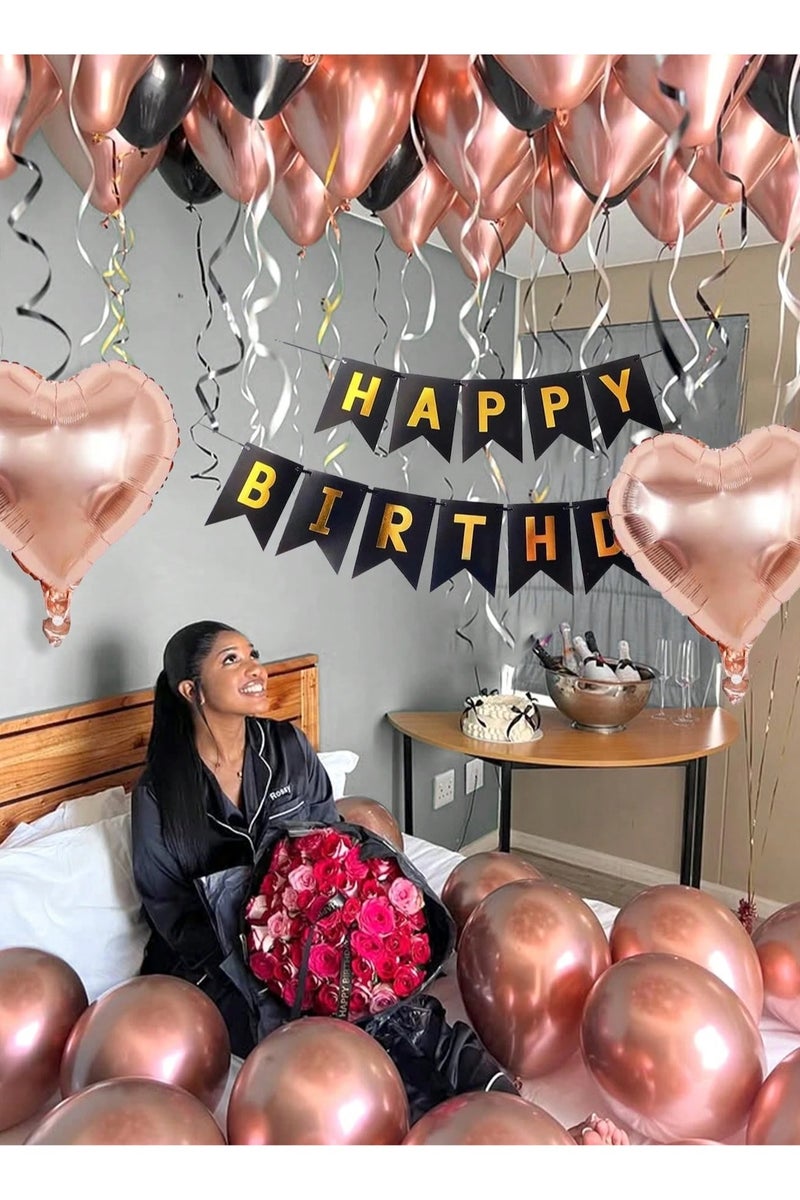 Birthday Decoration Balloon Set – 43-piece set includes pink and black latex balloons, a birthday banner, heart-shaped balloons, and letter balloons spelling “Happy Birthday” – a complete and elegant decoration kit perfect for birthday celebrations. - Image 3