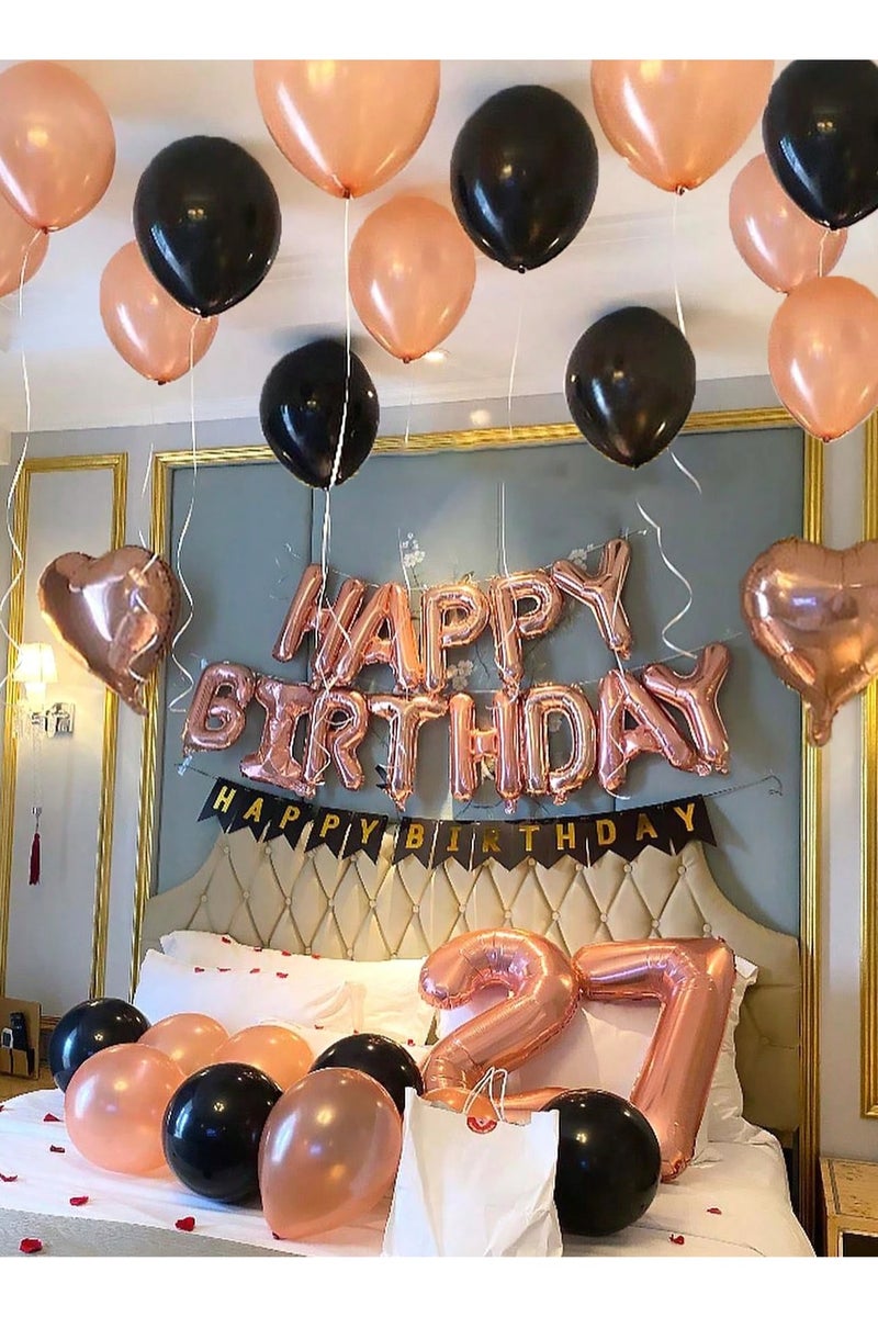 Birthday Decoration Balloon Set – 43-piece set includes pink and black latex balloons, a birthday banner, heart-shaped balloons, and letter balloons spelling “Happy Birthday” – a complete and elegant decoration kit perfect for birthday celebrations. - Image 4