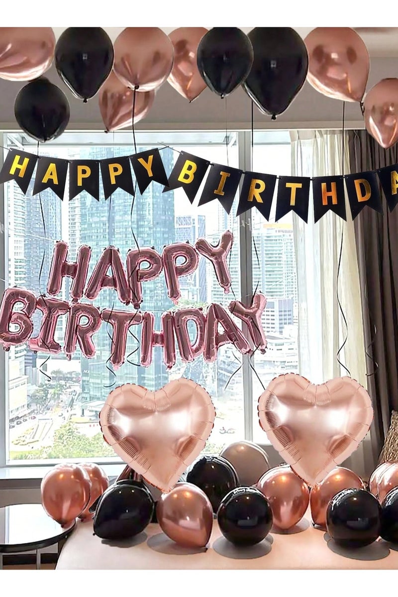 Birthday Decoration Balloon Set – 43-piece set includes pink and black latex balloons, a birthday banner, heart-shaped balloons, and letter balloons spelling “Happy Birthday” – a complete and elegant decoration kit perfect for birthday celebrations. - Image 2