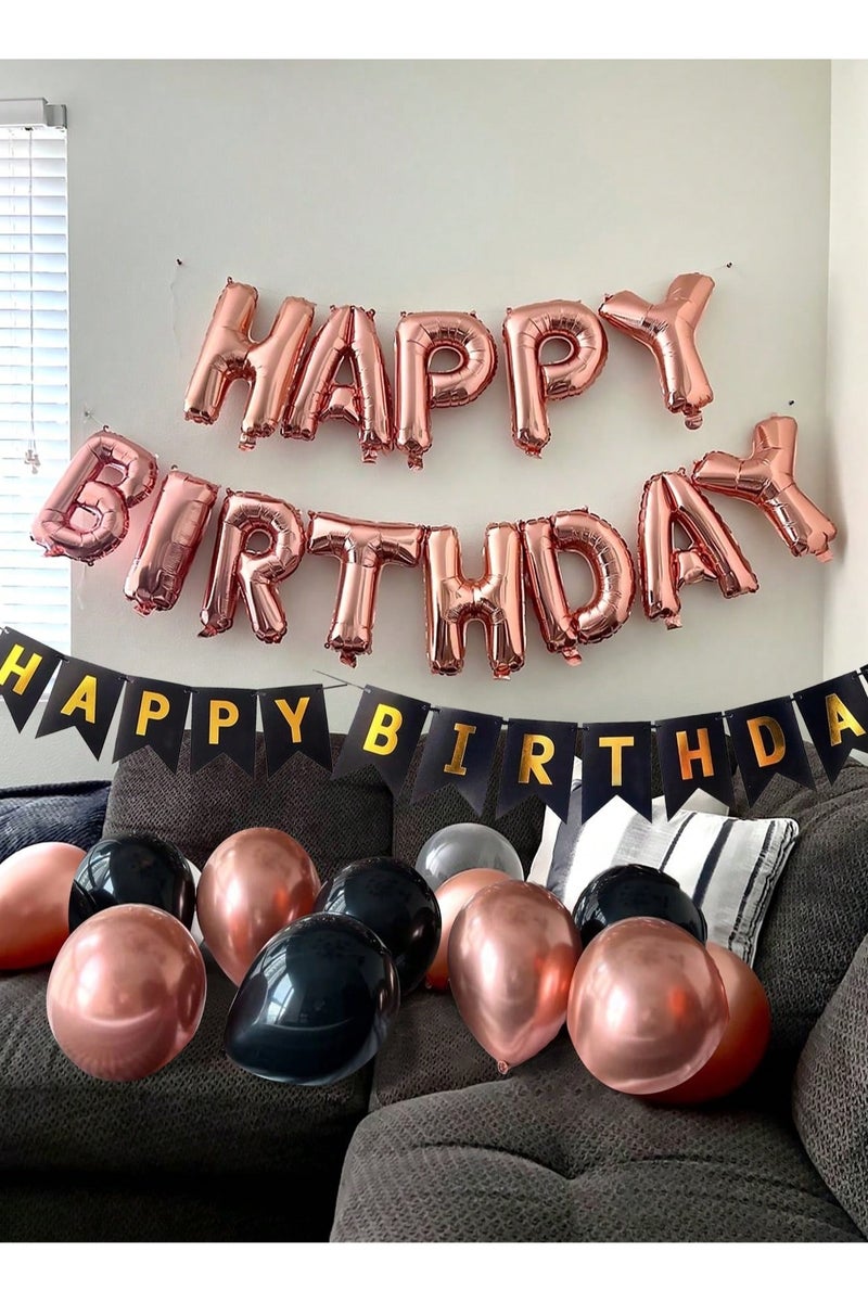 Birthday Decoration Balloon Set – 43-piece set includes pink and black latex balloons, a birthday banner, heart-shaped balloons, and letter balloons spelling “Happy Birthday” – a complete and elegant decoration kit perfect for birthday celebrations. - Image 5