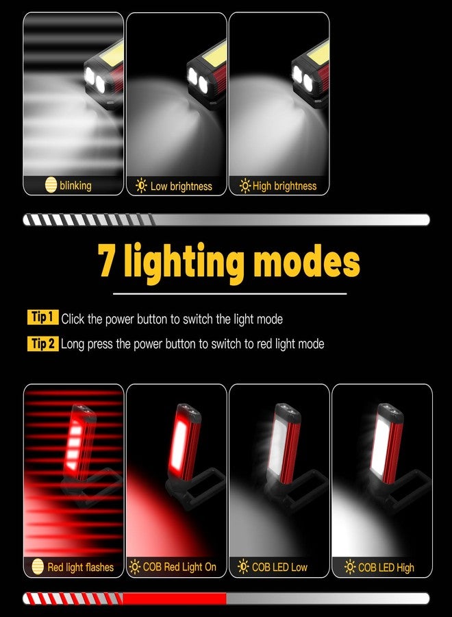 YiaMia Rechargeable LED Magnetic Work Light 2 Pack, Portable Tool Gifts for Men, 7 Flashlight Modes with Kickstand and Carabiner, USB Charging for Camping, Hunting, and Car Repairs (2, Red) - Image 2