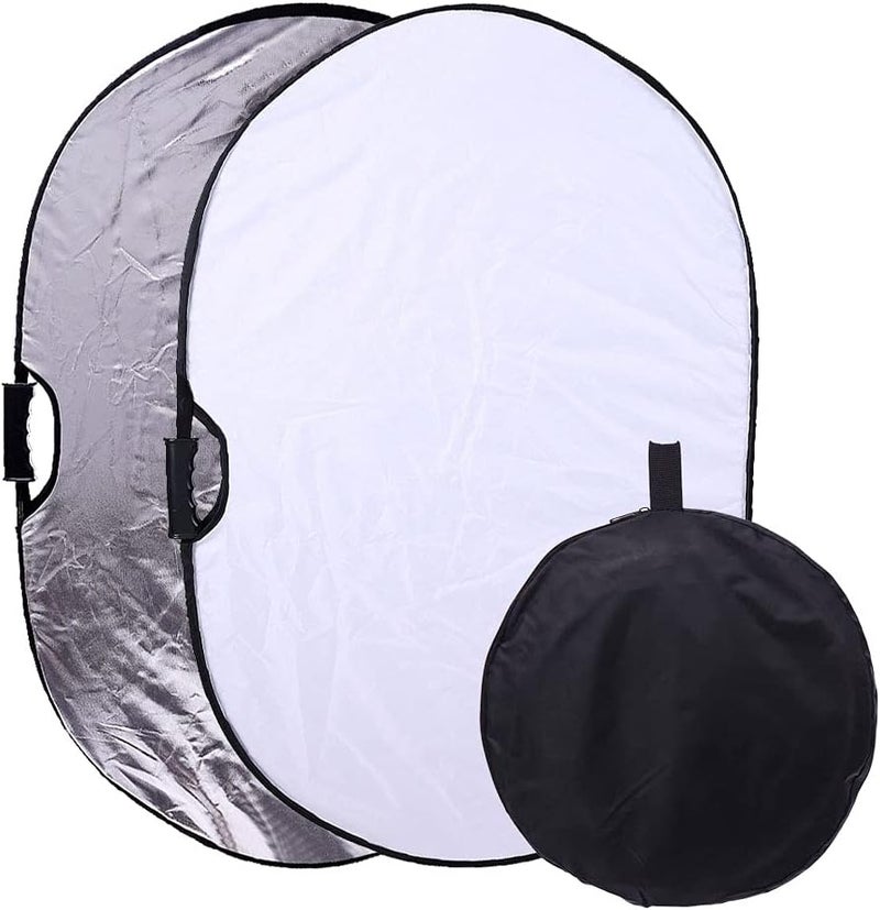 TRUMAGINE Portable Photography Silver and White Reflector Collapsible 2-in-1 Oval Reflector 23"x35" / 60x90cm Multi-Disc Light Reflector with Handle for Photo Studio Lighting & Outdoor Lighting - Image 1