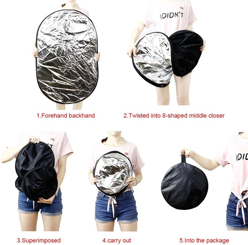TRUMAGINE Portable Photography Silver and White Reflector Collapsible 2-in-1 Oval Reflector 23"x35" / 60x90cm Multi-Disc Light Reflector with Handle for Photo Studio Lighting & Outdoor Lighting - Image 4