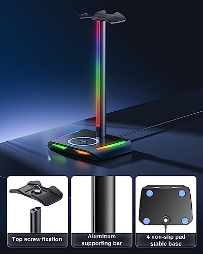 New Bee RGB Headphone Stand with 2 USB-C & 1 USB Charging Ports, Desk Gaming Headset Holder with 7 Light Modes and Non-Slip Rubber Base Suitable for All Earphone Accessories - Image 5