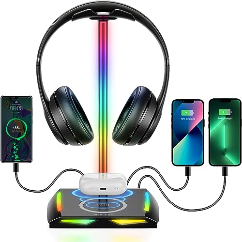 New Bee RGB Headphone Stand with 2 USB-C & 1 USB Charging Ports, Desk Gaming Headset Holder with 7 Light Modes and Non-Slip Rubber Base Suitable for All Earphone Accessories - Image 1