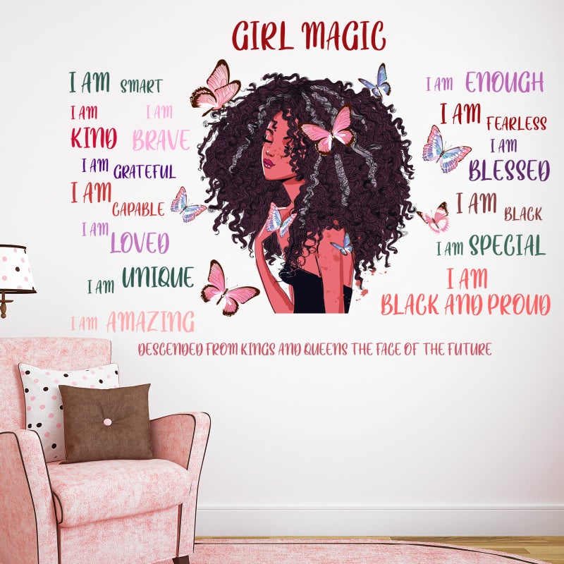 Marspark Black Girl Wall Decal Inspirational Quote Butterfly Sticker Motivational Saying American Wall Decor Sticker for Afro Woman Bedroom Playroom
