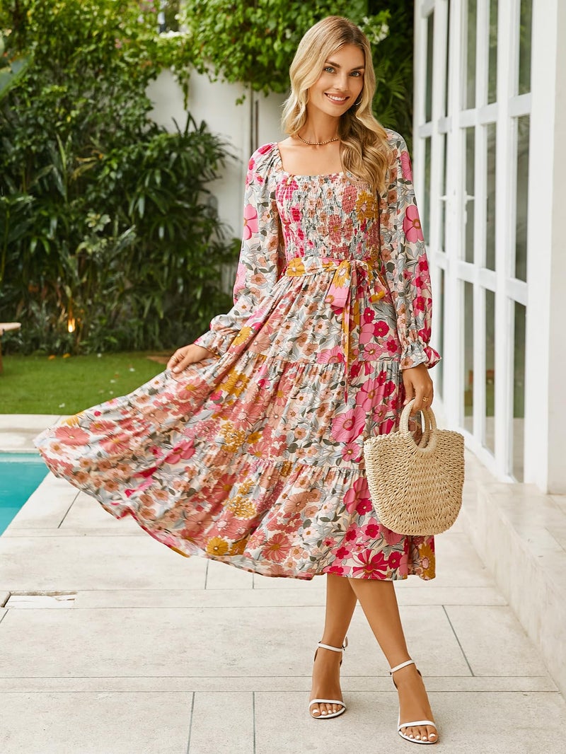 Simplee Apparel Simplee Womens Long Sleeve Maxi Dress Casual Square Neck Long Flowy Boho Dresses Summer Outfits Pink Floral XL - Image 4