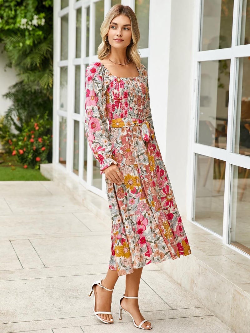 Simplee Apparel Simplee Womens Long Sleeve Maxi Dress Casual Square Neck Long Flowy Boho Dresses Summer Outfits Pink Floral XL - Image 5