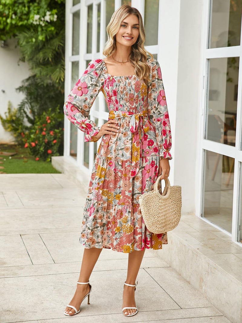 Simplee Apparel Simplee Womens Long Sleeve Maxi Dress Casual Square Neck Long Flowy Boho Dresses Summer Outfits Pink Floral XL - Image 3