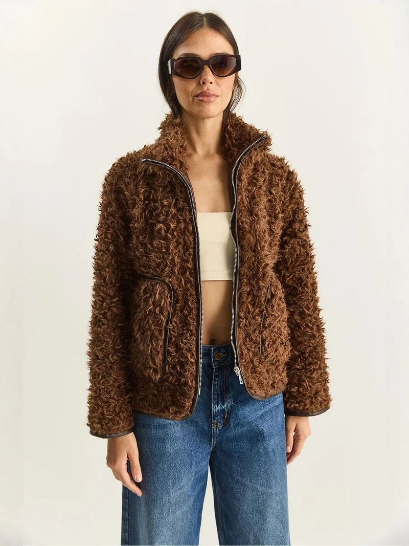 Bianco Lucci LUCCI Faux Leather Detailed Plush Jacket