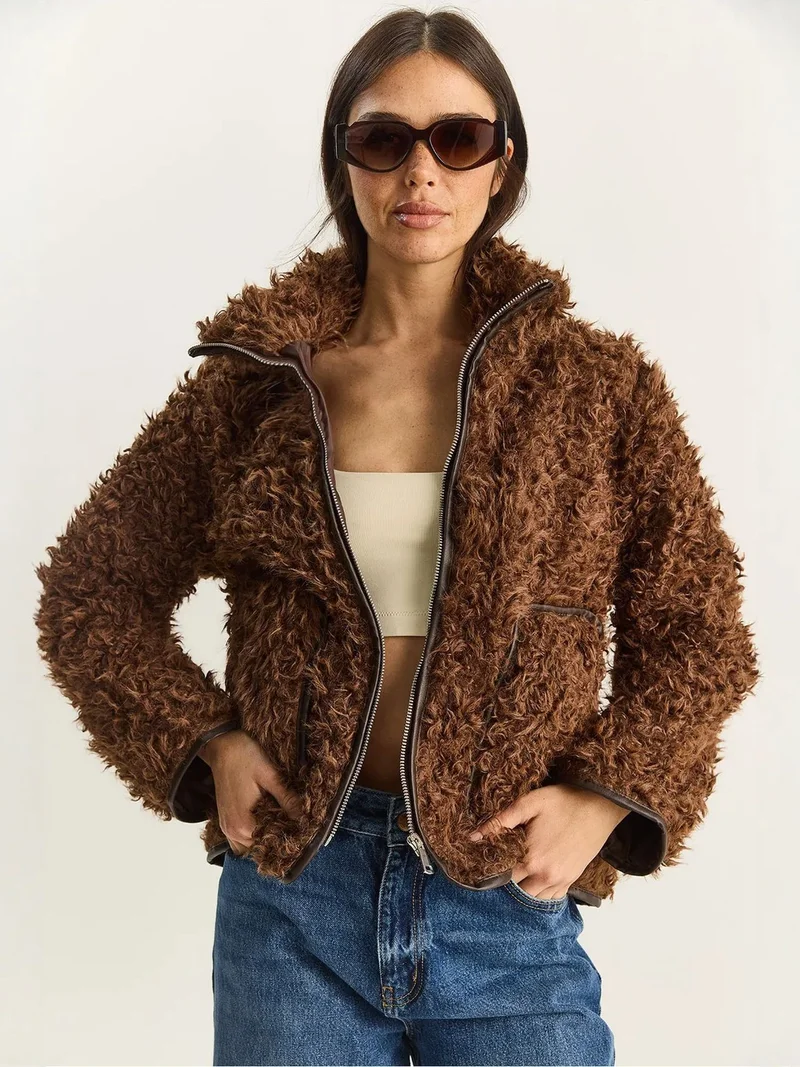 Bianco Lucci LUCCI Faux Leather Detailed Plush Jacket